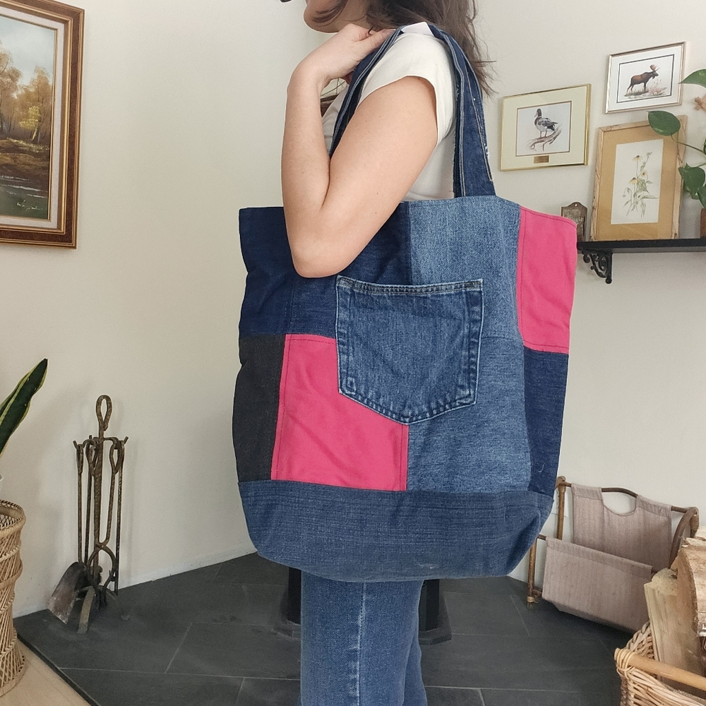 Denim patchwork tote bag